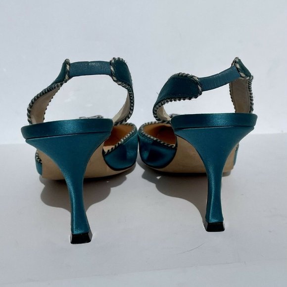 Manolo Blahnik Teal Satin Carolyne Jewel Pump Heel 100th Anniversary - Picture 6 of 8